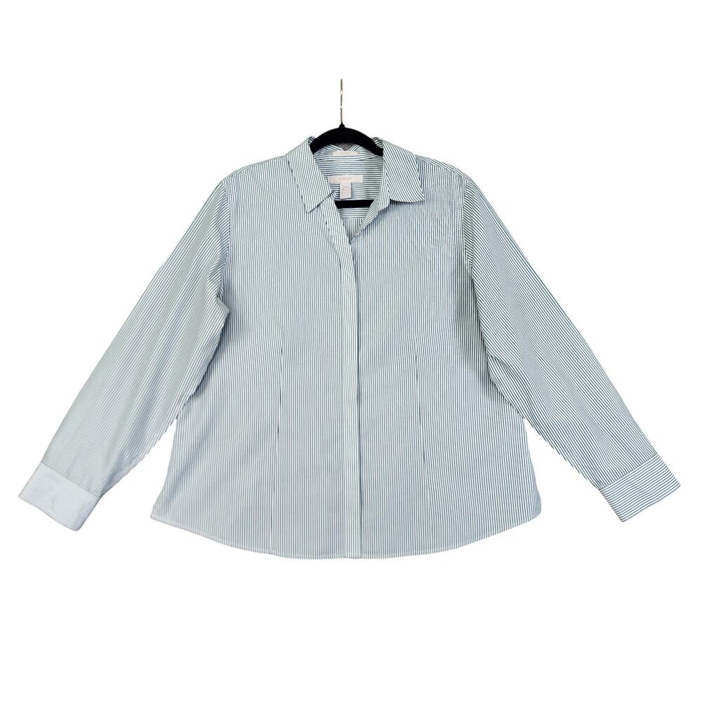 Chicos Womens No Iron Striped Button Down Shirt Size Large Green Metallic Stripe